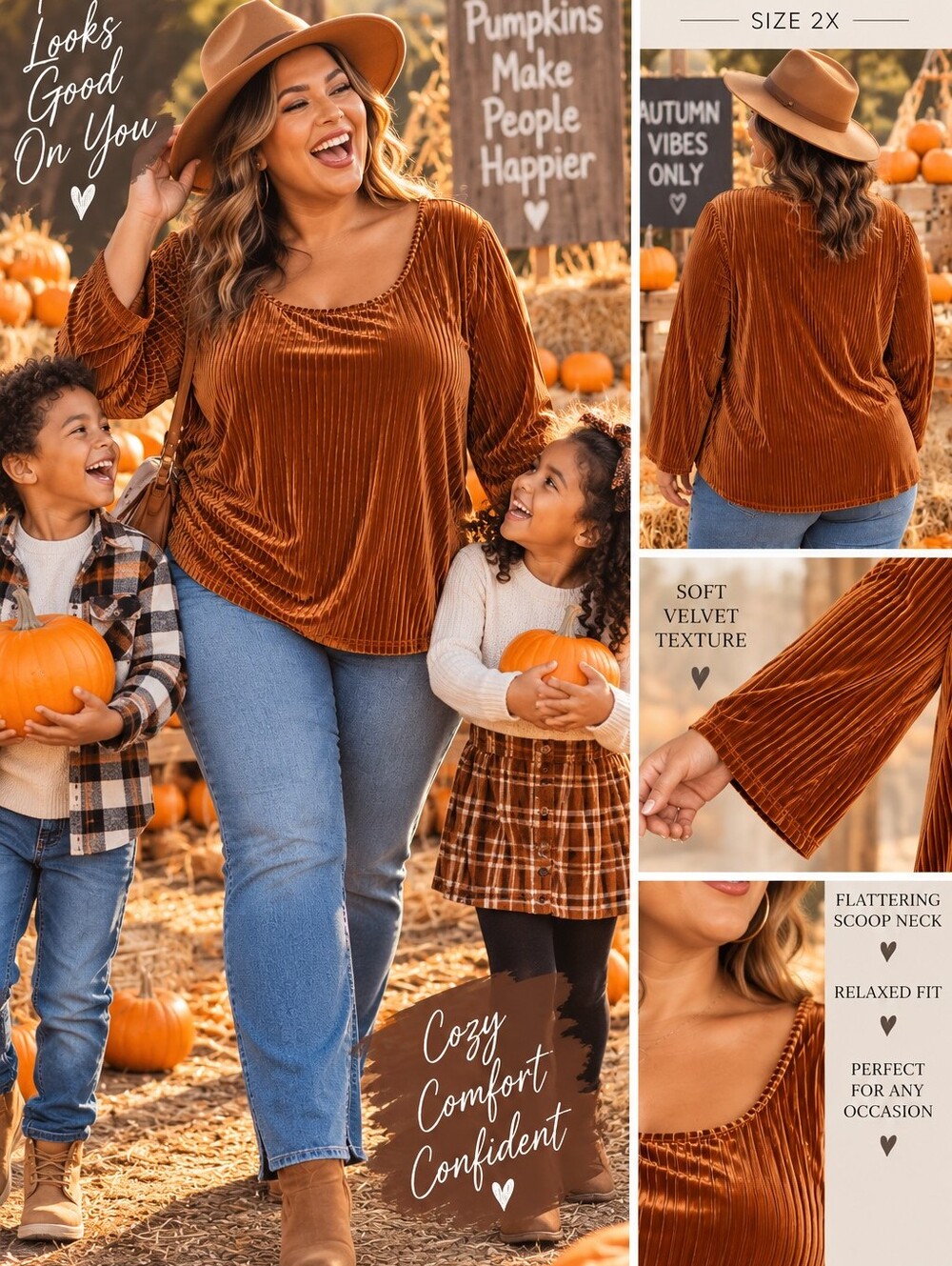 Plus-Size Velvet Ribbed Long-Sleeve Tunic Top - Rust